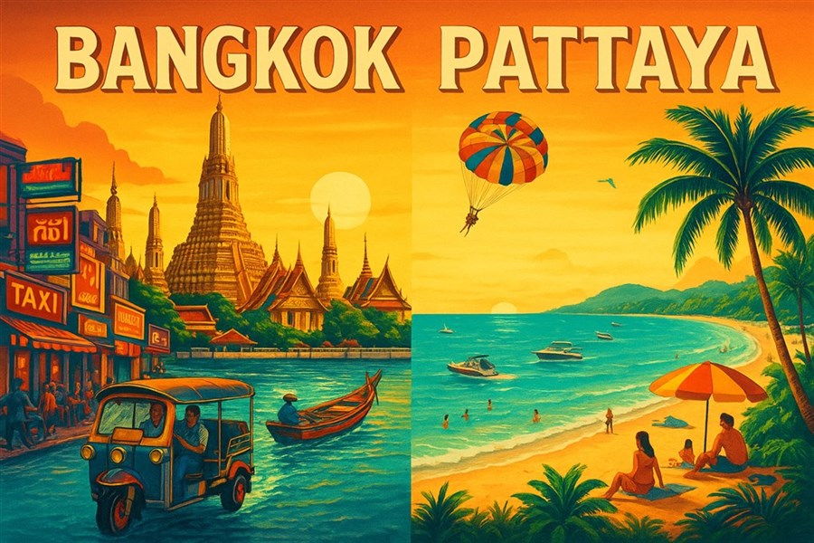 Bangkok a pláže v Pattaya - Ilustrační obrázek k destinacím Bangkok a Pattaya vytvořený za pomocí AI